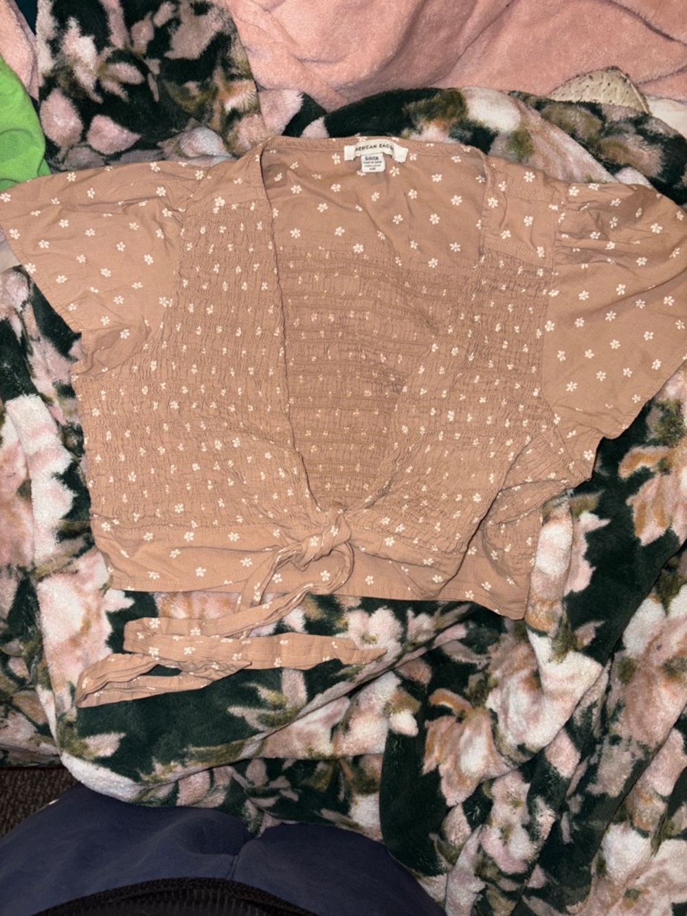 American Eagle Outfitters Dusty Rose Floral Tie-Front Top